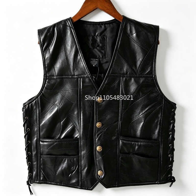 Motorcycle Gear Jacket - Colete Masculino Preto de Couro com